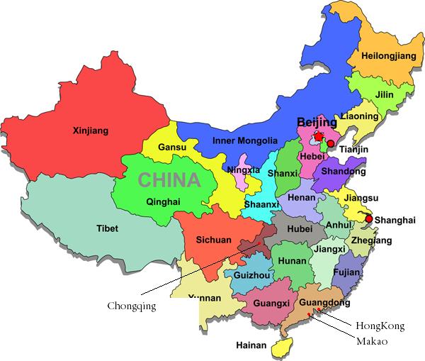 Color map of China with regions on a white background